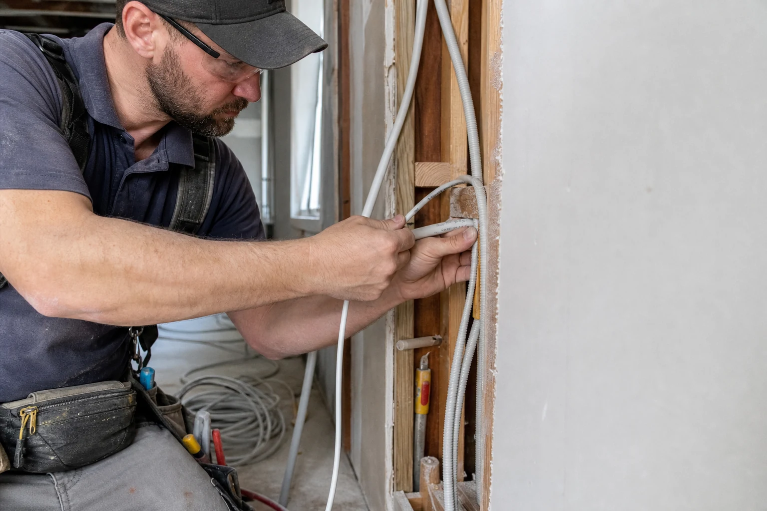Elektroinstallateur verlegt Kabel im Neubau in Wien – professionelle Elektroinstallation